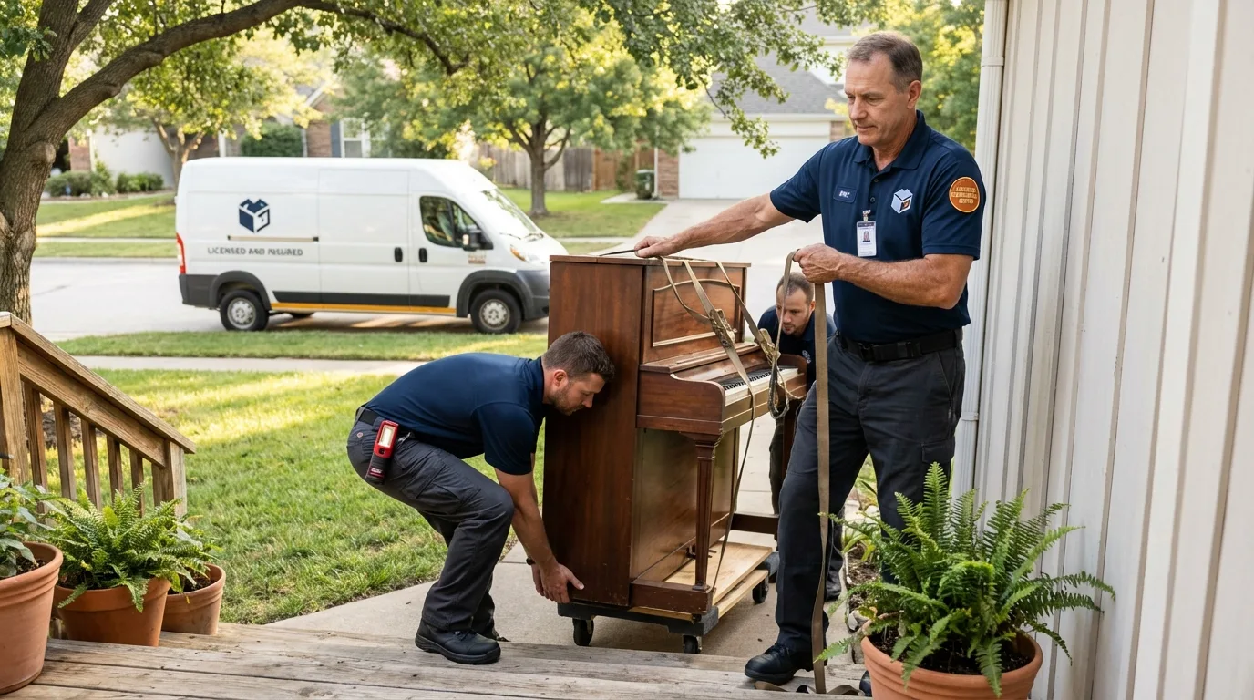 Licensed piano movers securing grand piano in Louisville, MS