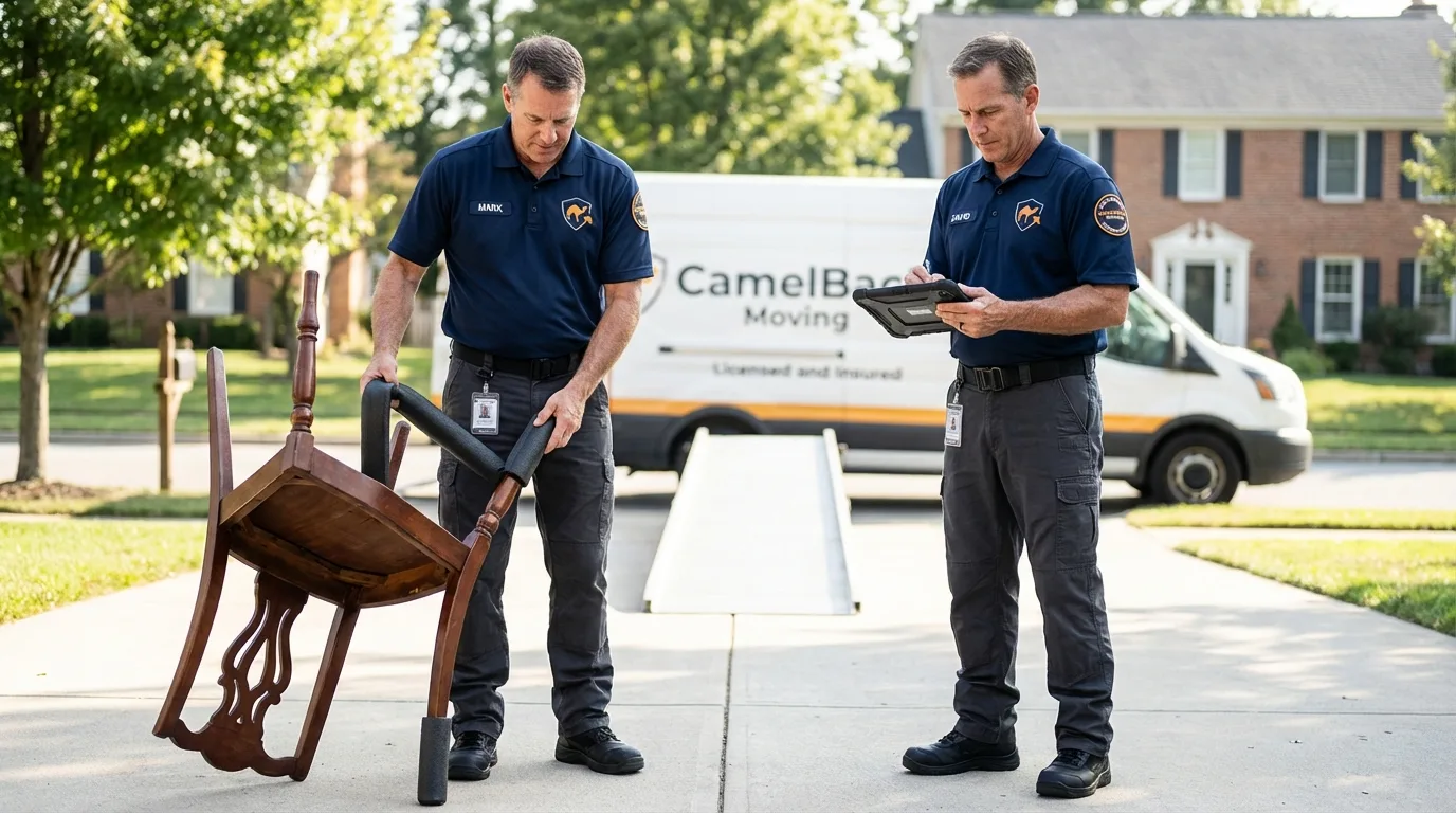 Movers inspecting furniture for damage prevention before loading in Louisville, MS