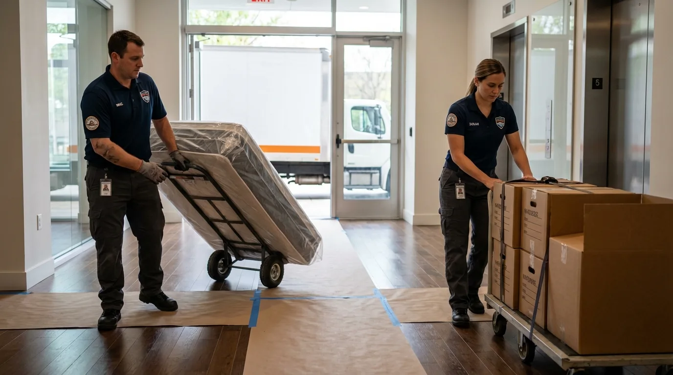 Professional apartment movers loading elevator in Louisville, MS