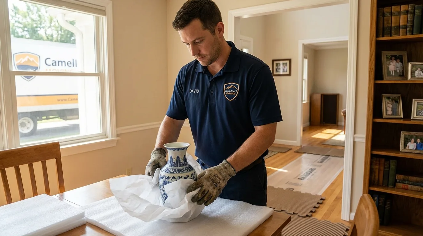 Professional crew carefully wrapping antique vase for senior downsizing move in Louisville, MS